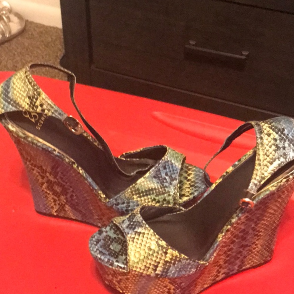 Blue,green yellow faux snake skin wedge sandals